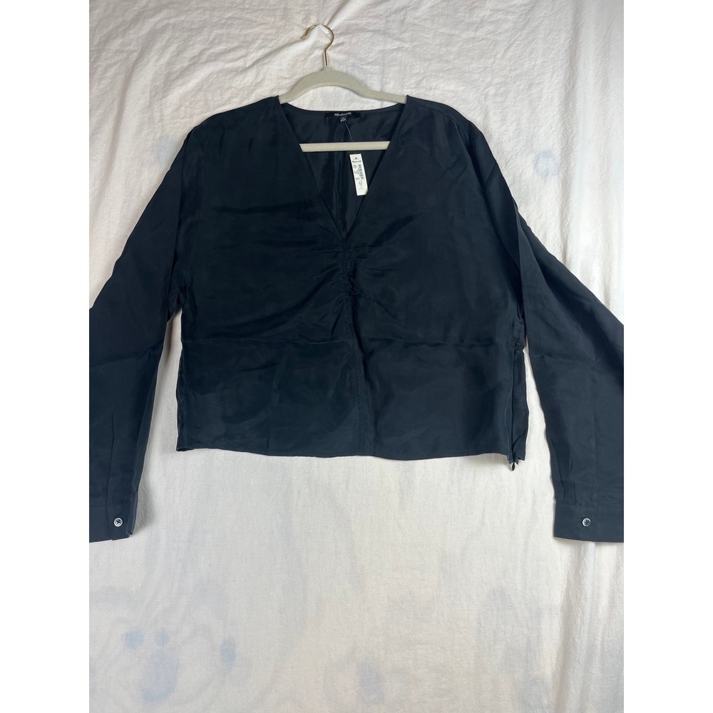 Madewell Ruched Front V-Neck Long Sleeve Top Black Cupro Blend NEW Size 16 - Picture 5 of 10